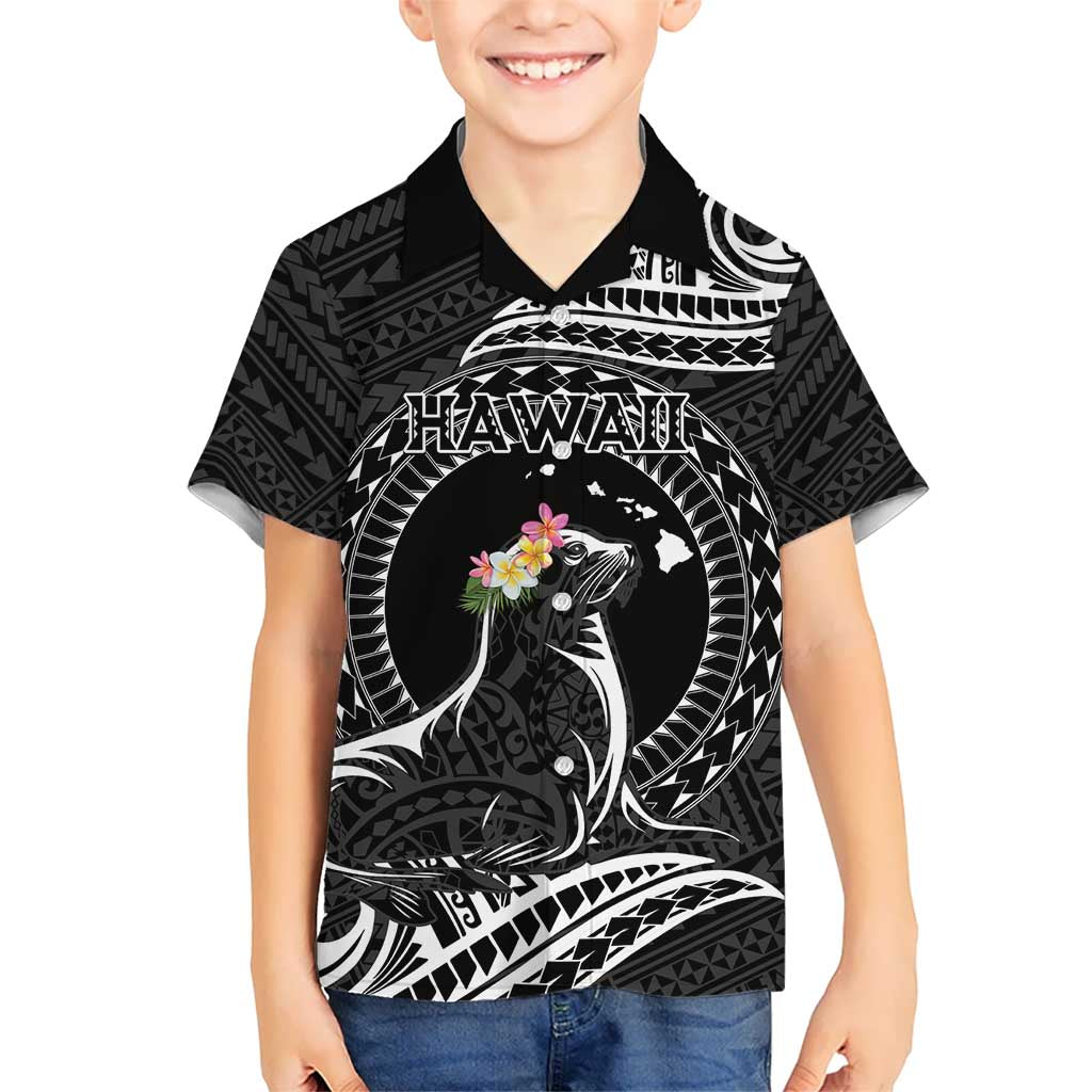 Personalised Hawaii Monk Seal Kid Hawaiian Shirt Polynesian Tattoo With Tropical Flowers - Black