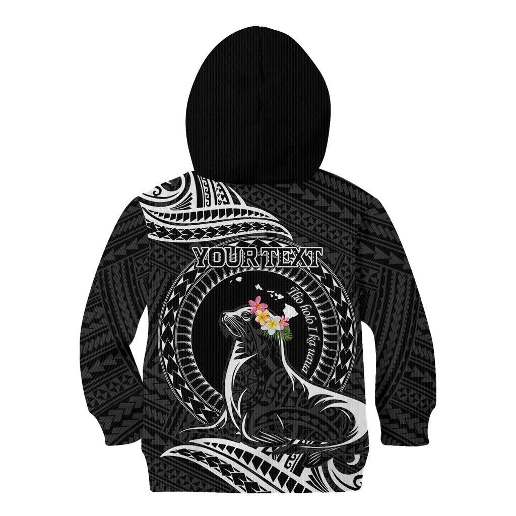 Personalised Hawaii Monk Seal Kid Hoodie Polynesian Tattoo With Tropical Flowers - Black