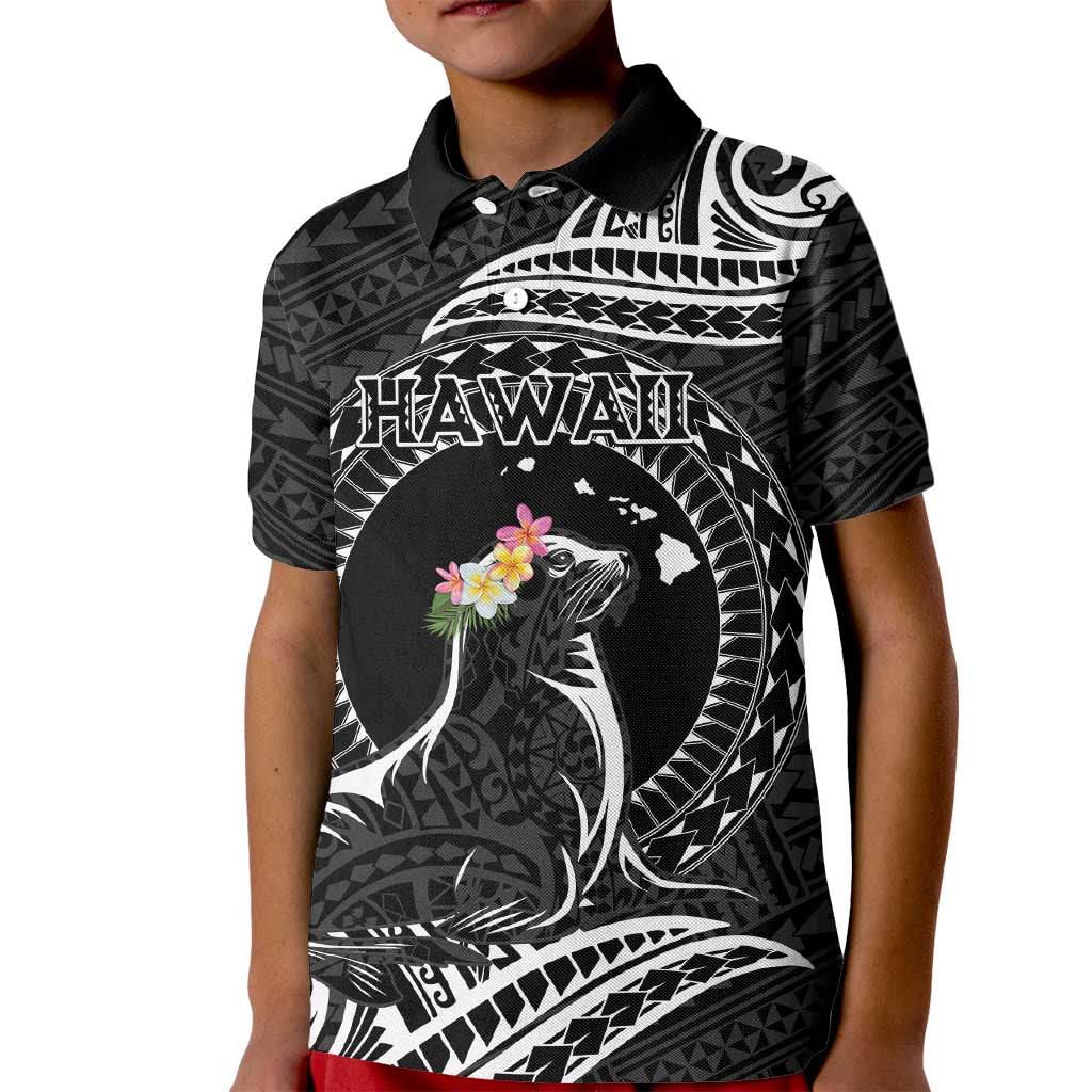 Personalised Hawaii Monk Seal Kid Polo Shirt Polynesian Tattoo With Tropical Flowers - Black