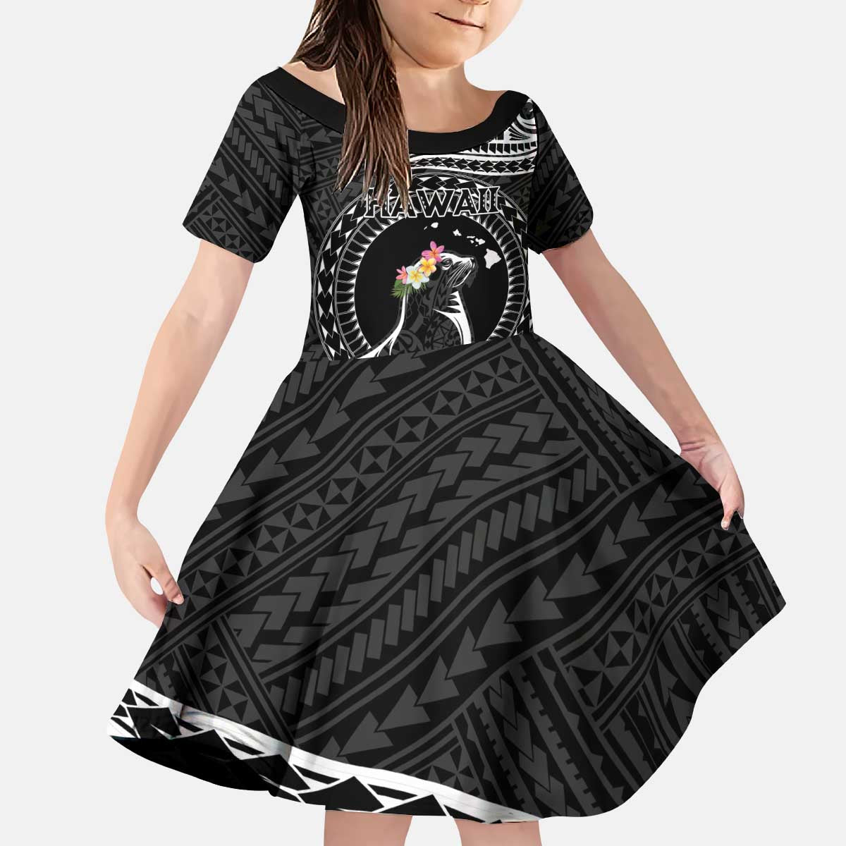 Personalised Hawaii Monk Seal Kid Short Sleeve Dress Polynesian Tattoo With Tropical Flowers - Black