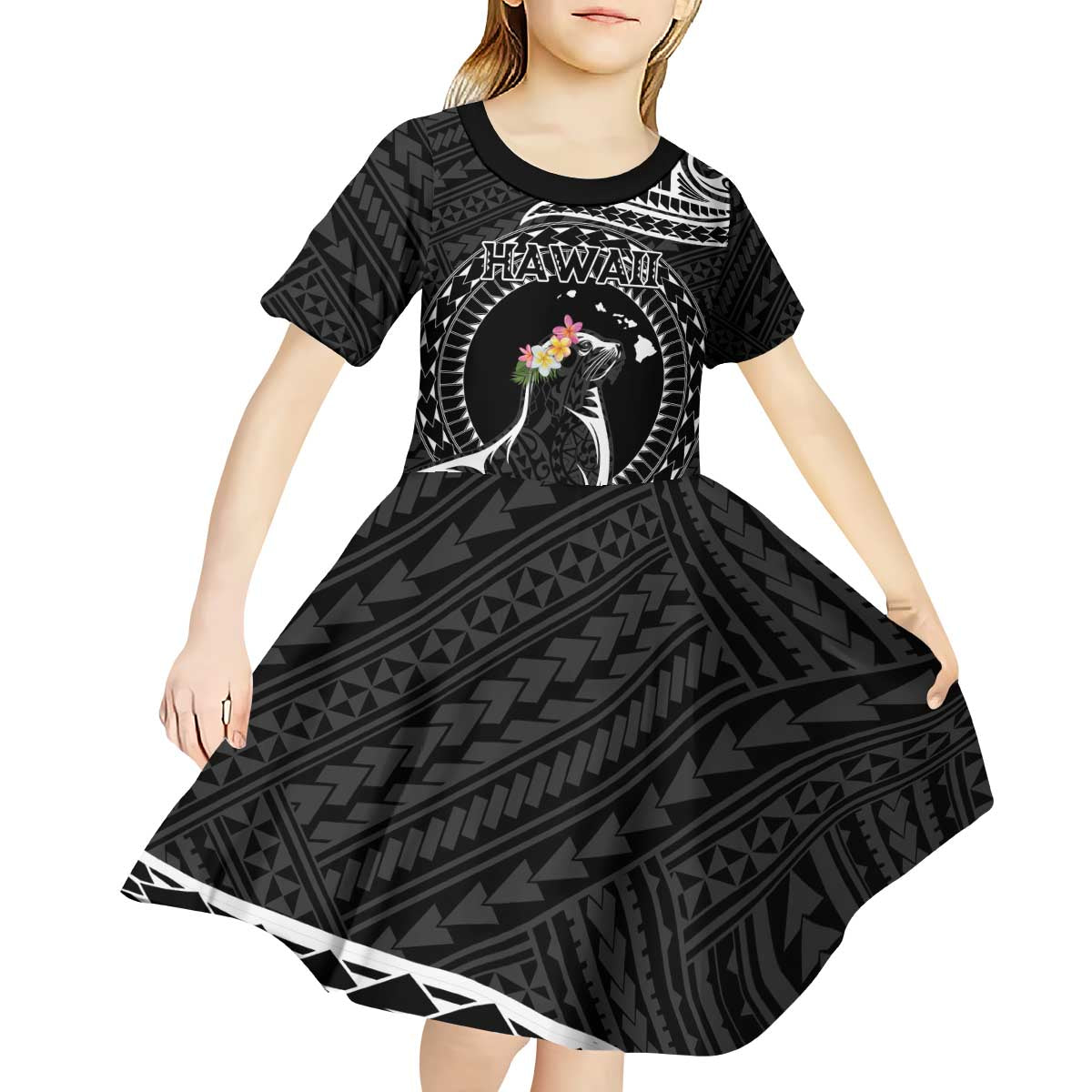 Personalised Hawaii Monk Seal Kid Short Sleeve Dress Polynesian Tattoo With Tropical Flowers - Black