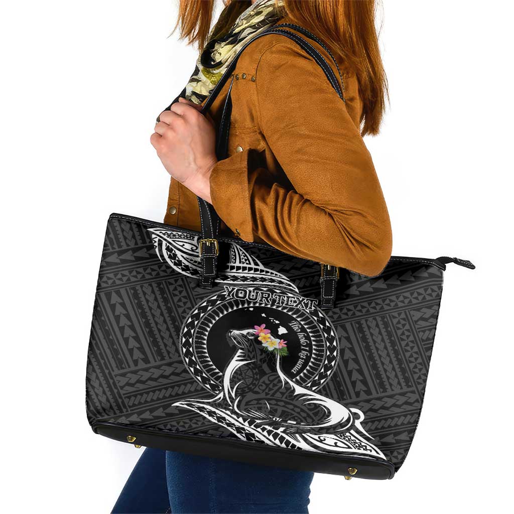 Personalised Hawaii Monk Seal Leather Tote Bag Polynesian Tattoo With Tropical Flowers - Black LT14 Black - Polynesian Pride