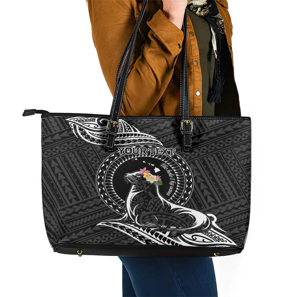 Personalised Hawaii Monk Seal Leather Tote Bag Polynesian Tattoo With Tropical Flowers - Black LT14 - Polynesian Pride