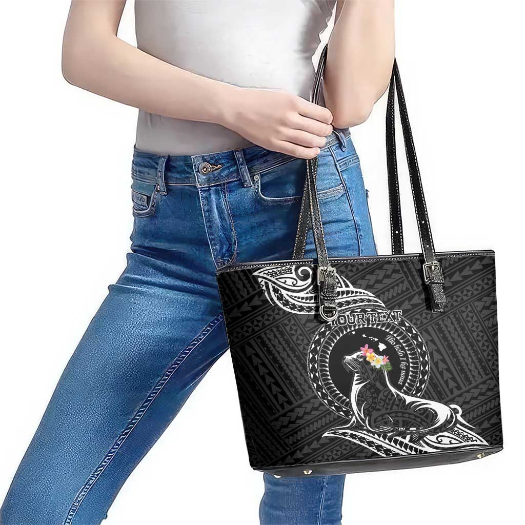 Personalised Hawaii Monk Seal Leather Tote Bag Polynesian Tattoo With Tropical Flowers - Black LT14 - Polynesian Pride