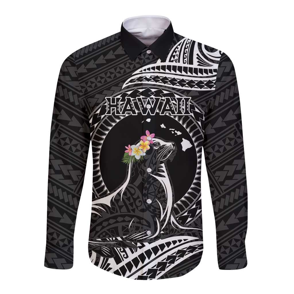 Personalised Hawaii Monk Seal Long Sleeve Button Shirt Polynesian Tattoo With Tropical Flowers - Black