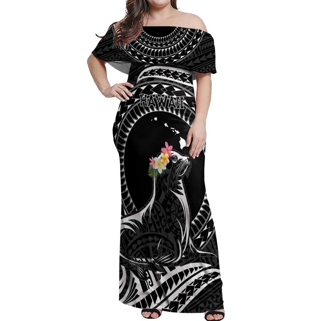 Personalised Hawaii Monk Seal Off Shoulder Maxi Dress Polynesian Tattoo With Tropical Flowers - Black