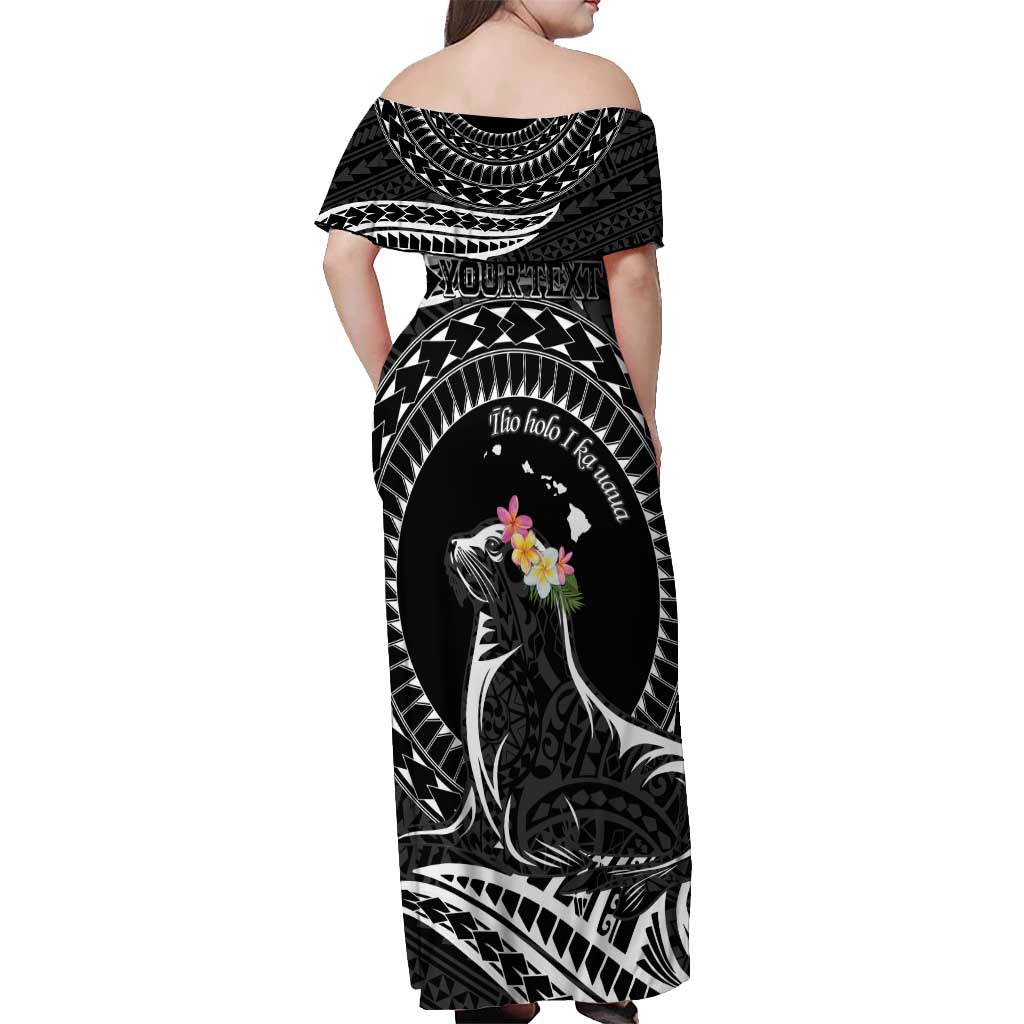Personalised Hawaii Monk Seal Off Shoulder Maxi Dress Polynesian Tattoo With Tropical Flowers - Black LT14 - Polynesian Pride