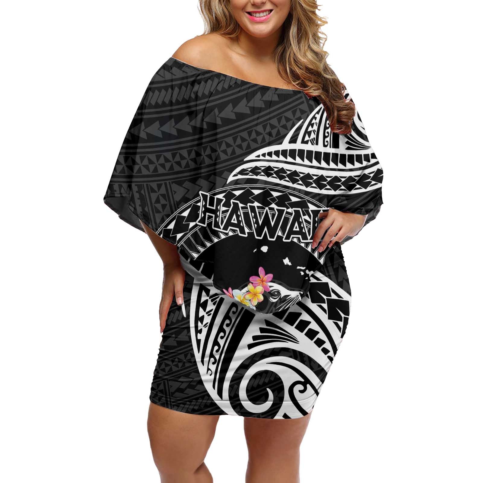 Personalised Hawaii Monk Seal Off Shoulder Short Dress Polynesian Tattoo With Tropical Flowers - Black