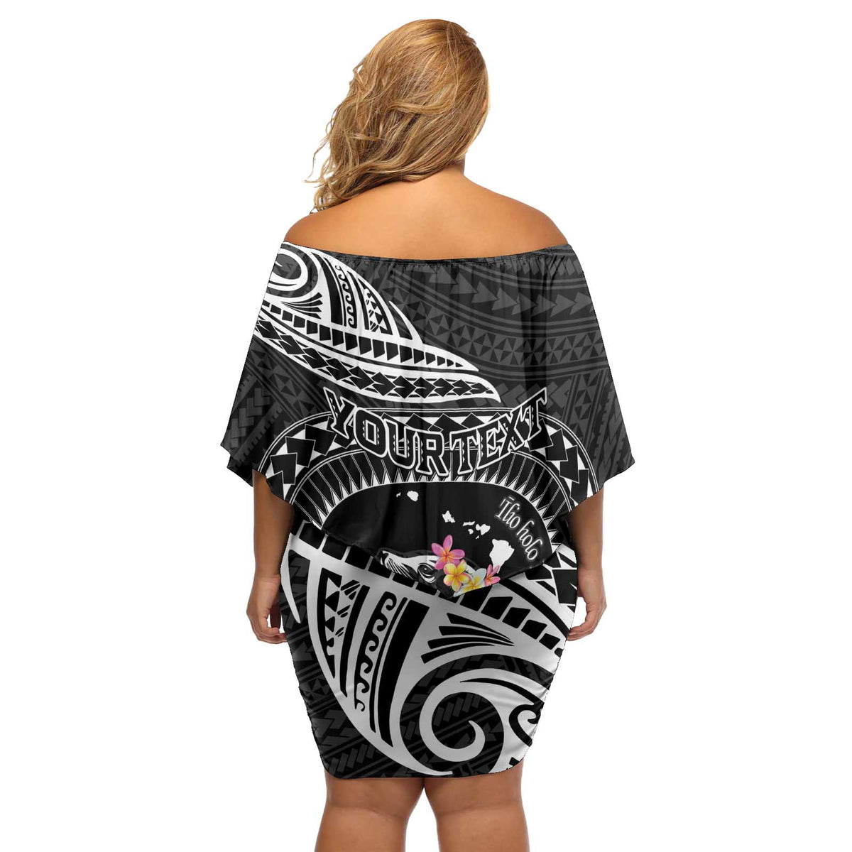 Personalised Hawaii Monk Seal Off Shoulder Short Dress Polynesian Tattoo With Tropical Flowers - Black LT14 - Polynesian Pride