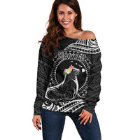 Personalised Hawaii Monk Seal Off Shoulder Sweater Polynesian Tattoo With Tropical Flowers - Black