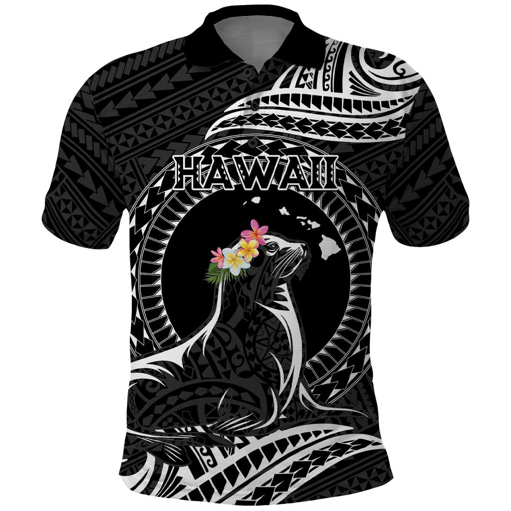 Personalised Hawaii Monk Seal Polo Shirt Polynesian Tattoo With Tropical Flowers - Black