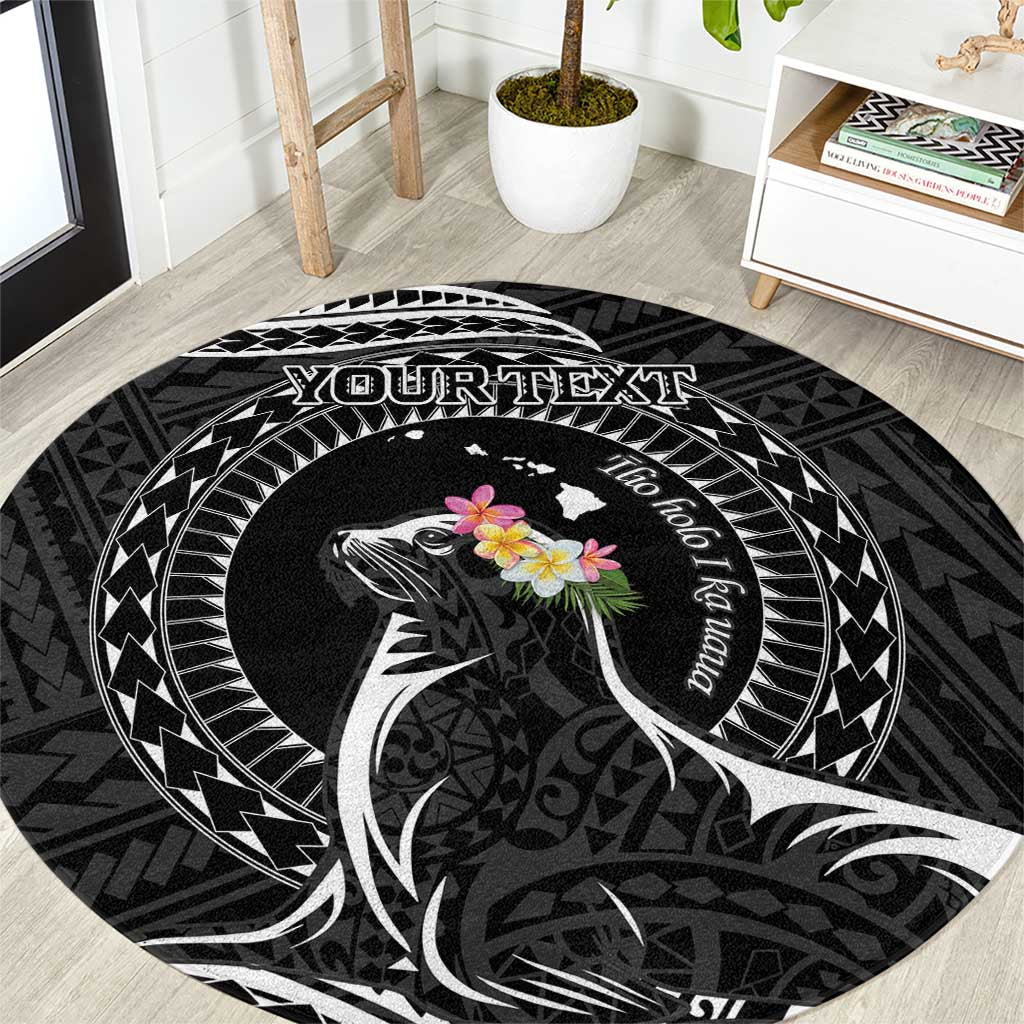 Personalised Hawaii Monk Seal Round Carpet Polynesian Tattoo With Tropical Flowers - Black