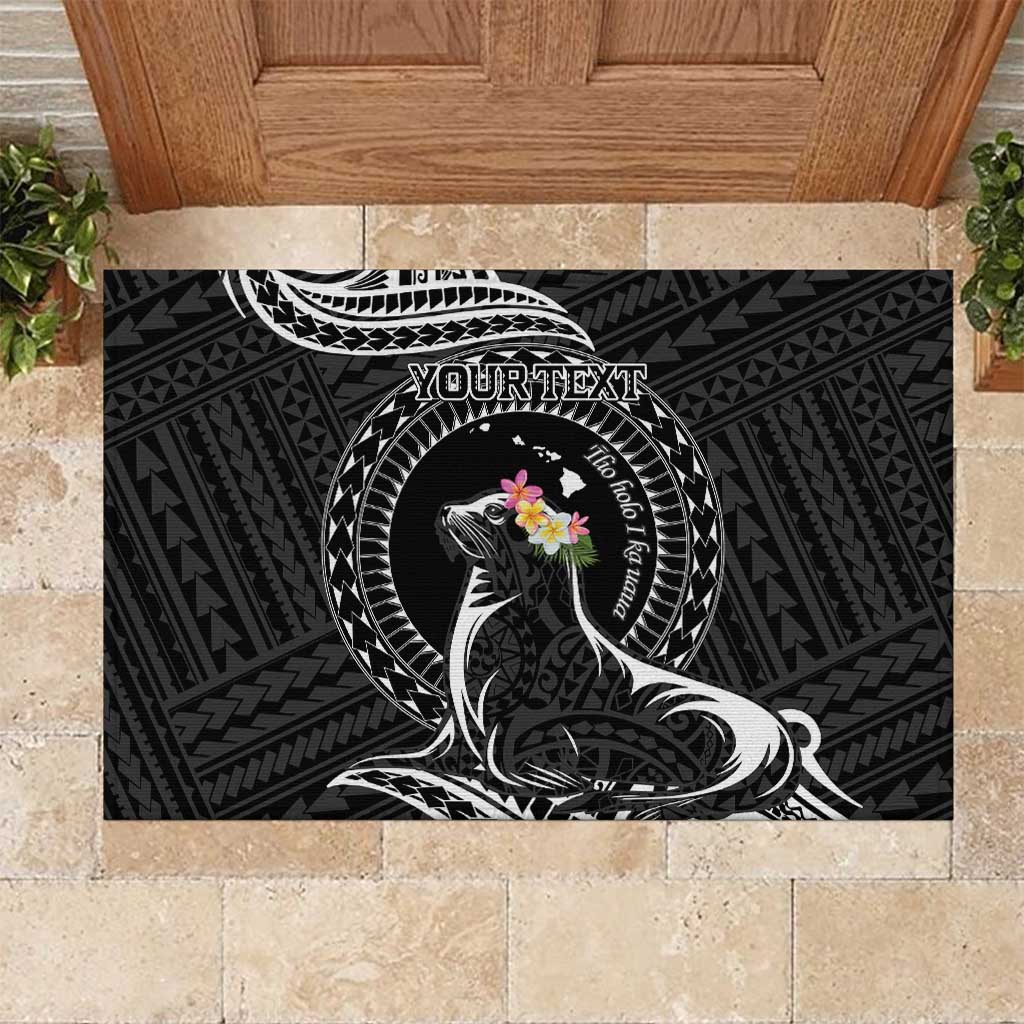 Personalised Hawaii Monk Seal Rubber Doormat Polynesian Tattoo With Tropical Flowers - Black