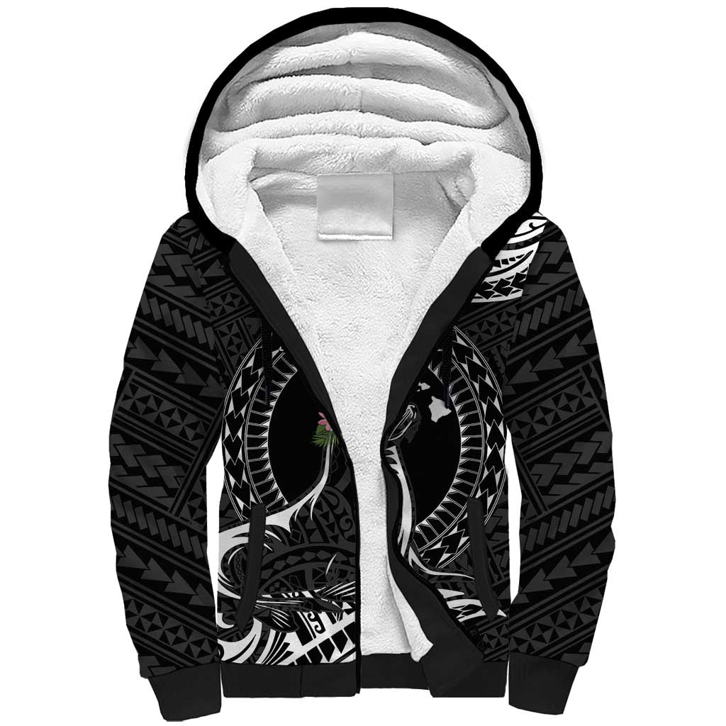 Personalised Hawaii Monk Seal Sherpa Hoodie Polynesian Tattoo With Tropical Flowers - Black LT14 Unisex Black - Polynesian Pride