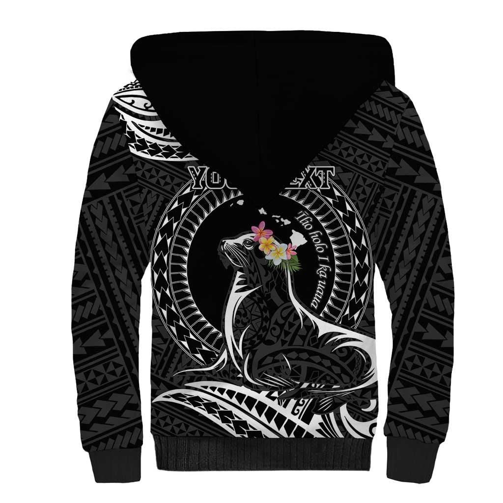 Personalised Hawaii Monk Seal Sherpa Hoodie Polynesian Tattoo With Tropical Flowers - Black LT14 - Polynesian Pride