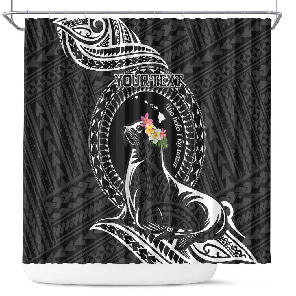 Personalised Hawaii Monk Seal Shower Curtain Polynesian Tattoo With Tropical Flowers - Black