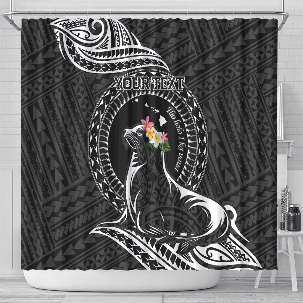 Personalised Hawaii Monk Seal Shower Curtain Polynesian Tattoo With Tropical Flowers - Black