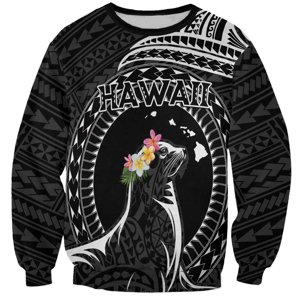 Personalised Hawaii Monk Seal Sweatshirt Polynesian Tattoo With Tropical Flowers - Black