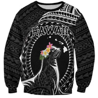 Personalised Hawaii Monk Seal Sweatshirt Polynesian Tattoo With Tropical Flowers - Black LT14 Unisex Black - Polynesian Pride