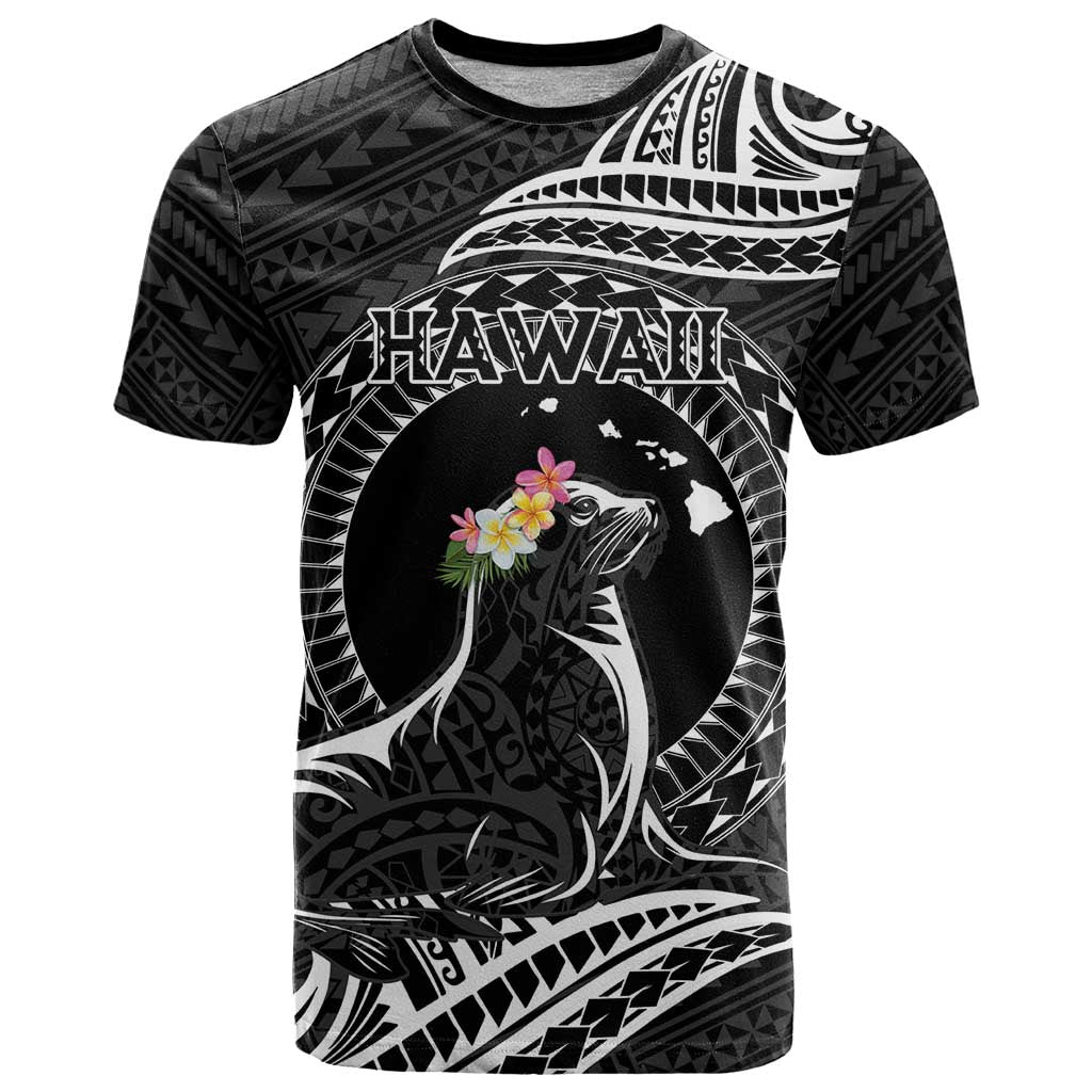 Personalised Hawaii Monk Seal T Shirt Polynesian Tattoo With Tropical Flowers - Black