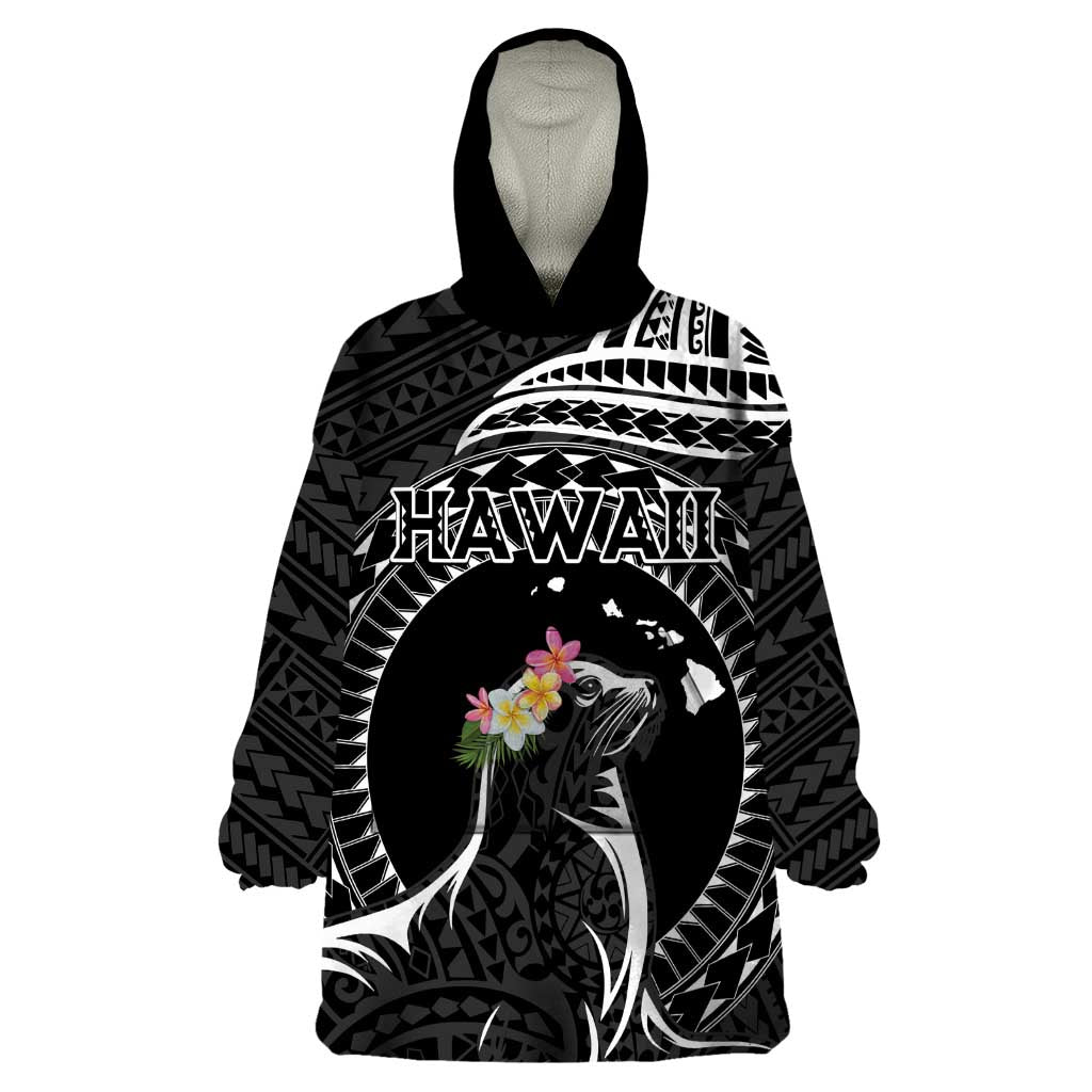 Personalised Hawaii Monk Seal Wearable Blanket Hoodie Polynesian Tattoo With Tropical Flowers - Black