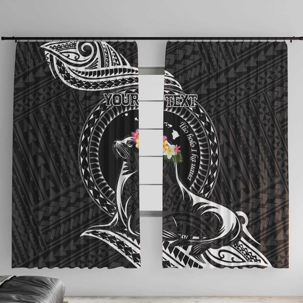 Personalised Hawaii Monk Seal Window Curtain Polynesian Tattoo With Tropical Flowers - Black