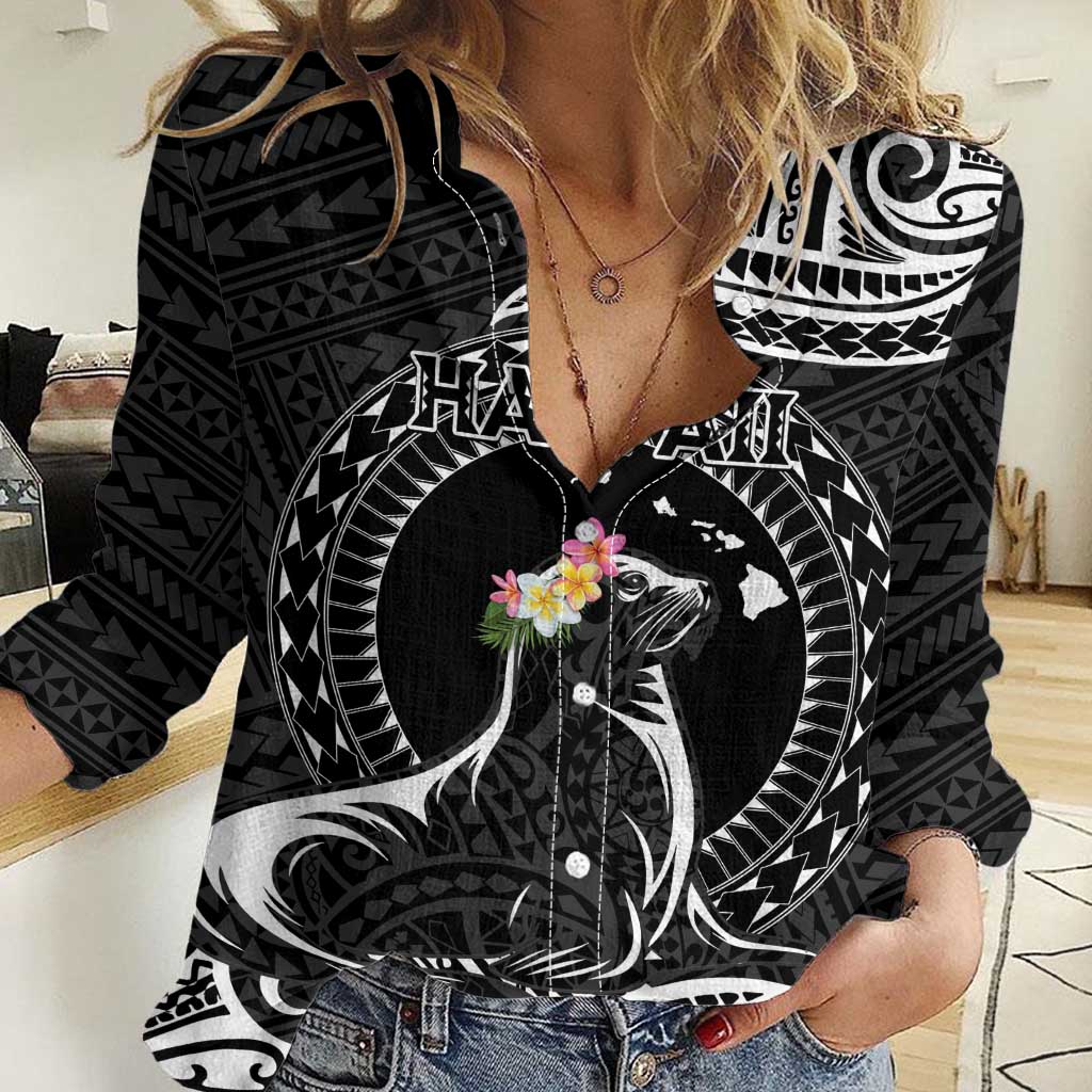 Personalised Hawaii Monk Seal Women Casual Shirt Polynesian Tattoo With Tropical Flowers - Black