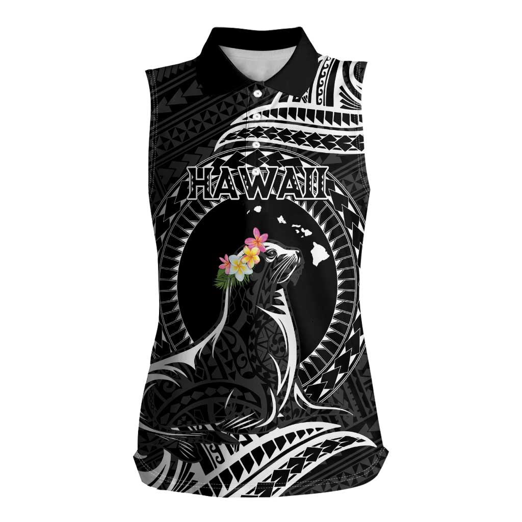 Personalised Hawaii Monk Seal Women Sleeveless Polo Shirt Polynesian Tattoo With Tropical Flowers - Black