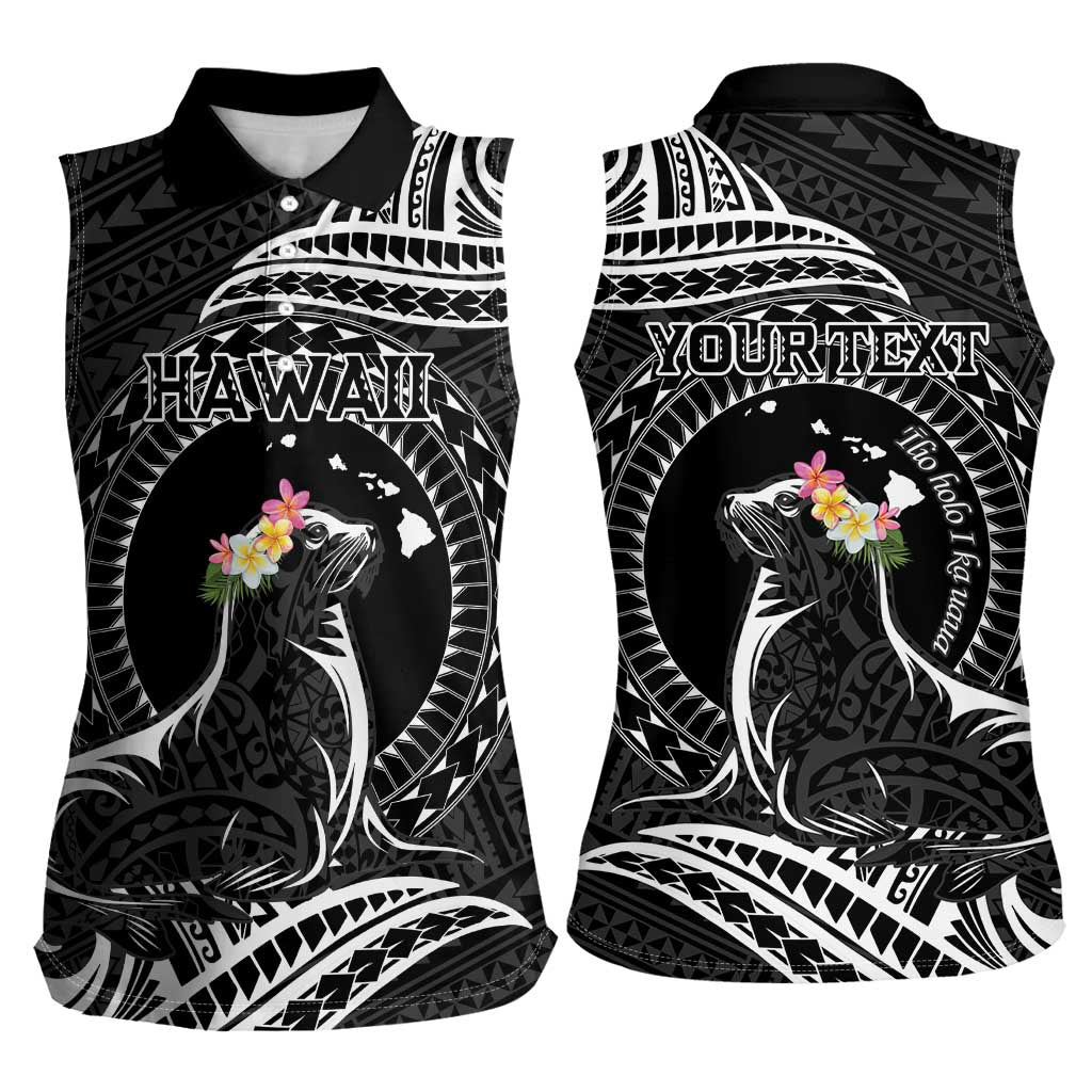 Personalised Hawaii Monk Seal Women Sleeveless Polo Shirt Polynesian Tattoo With Tropical Flowers - Black