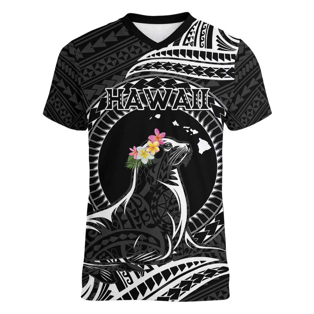 Personalised Hawaii Monk Seal Women V-Neck T-Shirt Polynesian Tattoo With Tropical Flowers - Black