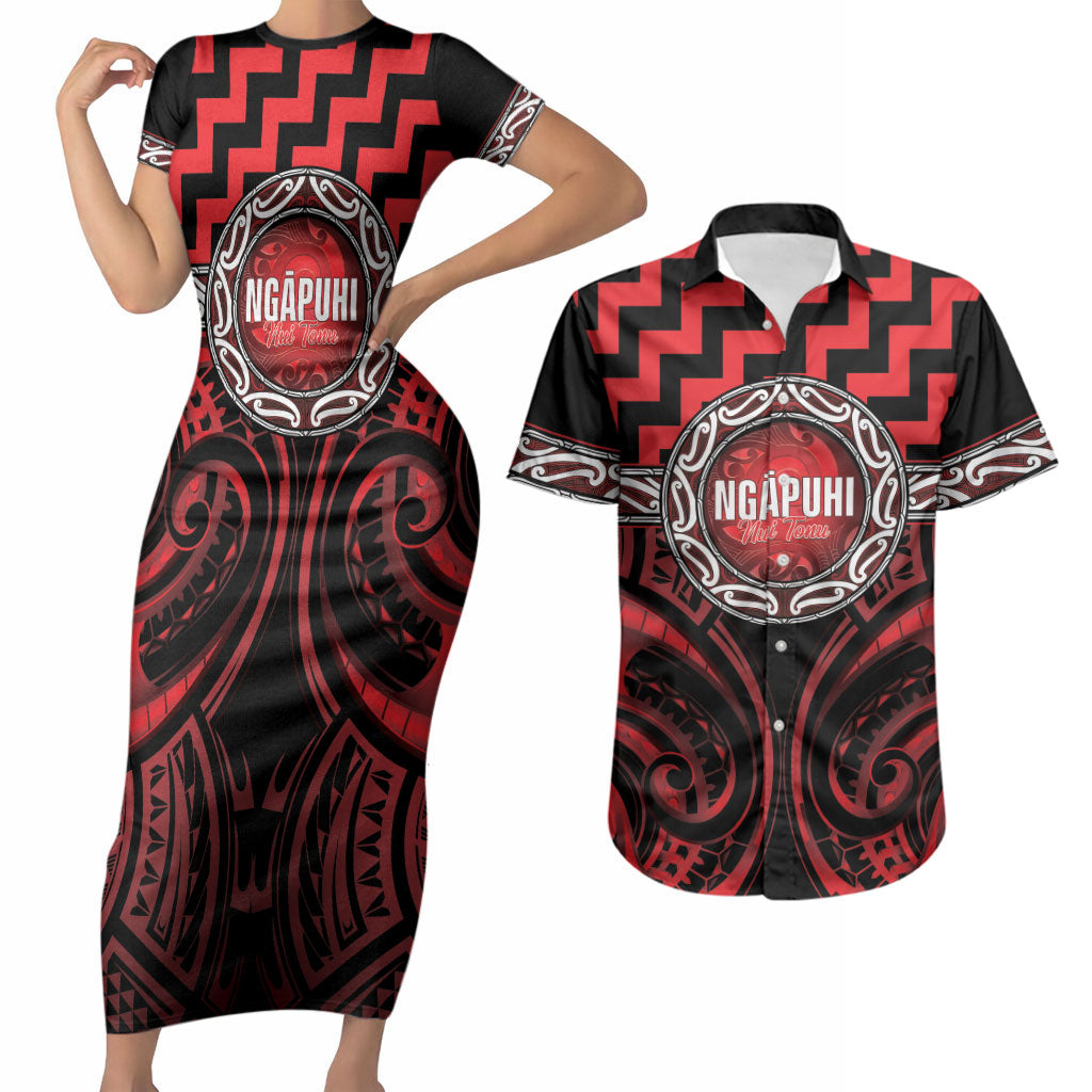 Aotearoa Ngapuhi Personalised Couples Matching Short Sleeve Bodycon Dress and Hawaiian Shirt Maori Iwi Poutama Puhoro Tattoo