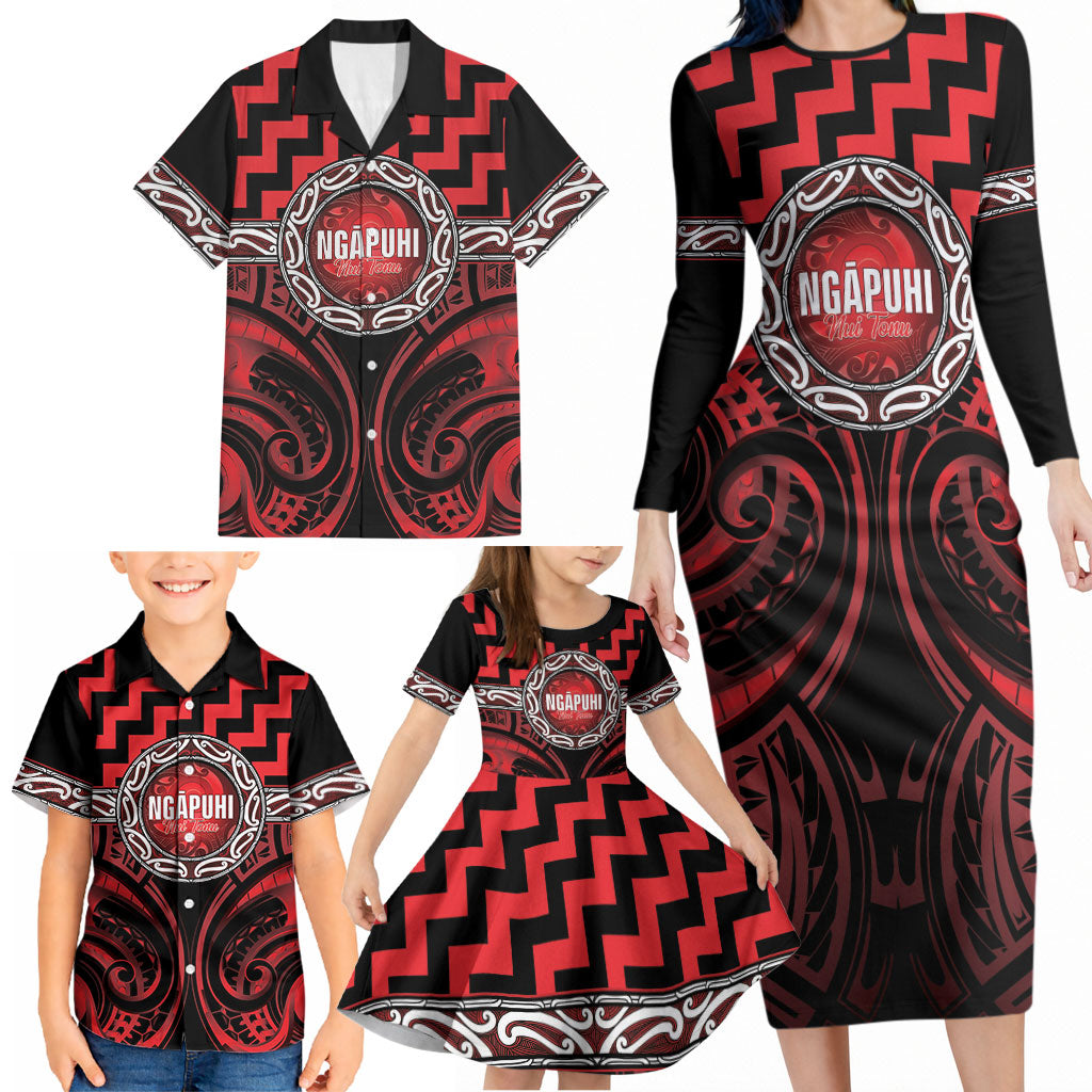 Aotearoa Ngapuhi Personalised Family Matching Long Sleeve Bodycon Dress and Hawaiian Shirt Maori Iwi Poutama Puhoro Tattoo