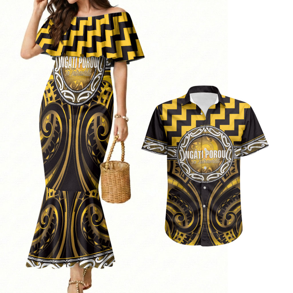 Aotearoa Ngati Porou Personalised Couples Matching Mermaid Dress and Hawaiian Shirt Maori Iwi Poutama Puhoro Tattoo LT14 Yellow - Polynesian Pride