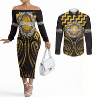 Aotearoa Ngati Porou Personalised Couples Matching Off The Shoulder Long Sleeve Dress and Long Sleeve Button Shirt Maori Iwi Poutama Puhoro Tattoo