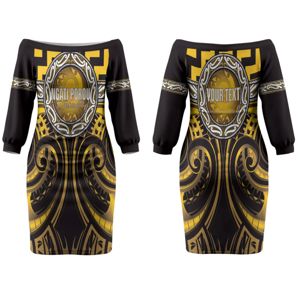 Aotearoa Ngati Porou Personalised Couples Matching Off The Shoulder Long Sleeve Dress and Long Sleeve Button Shirt Maori Iwi Poutama Puhoro Tattoo