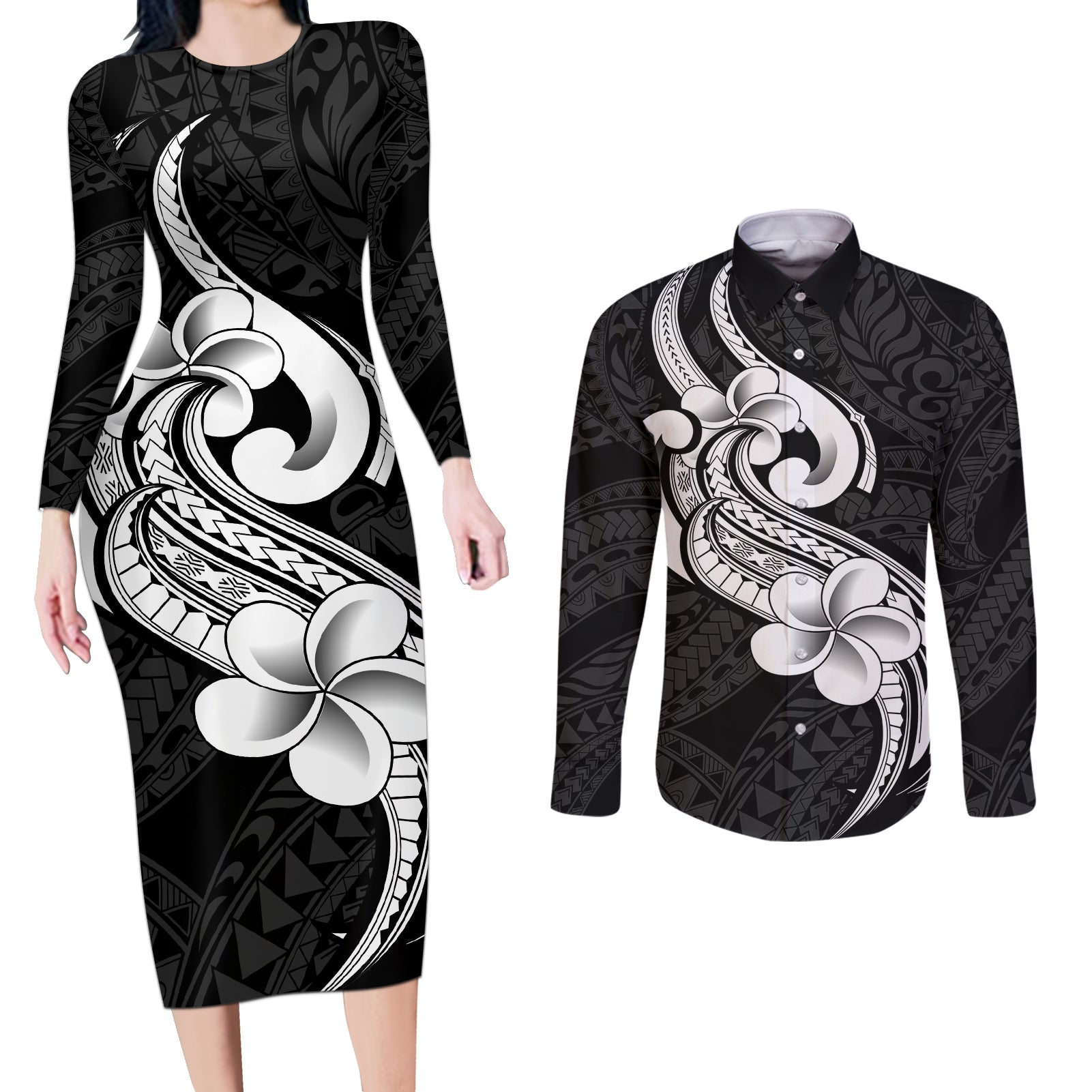 Polynesia Couples Matching Long Sleeve Bodycon Dress and Long Sleeve Button Shirts Plumeria With Tribal Pattern Black Vibes LT14 Black - Polynesian Pride