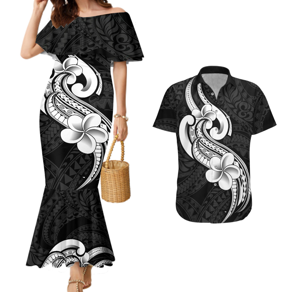 Polynesia Couples Matching Mermaid Dress and Hawaiian Shirt Plumeria With Tribal Pattern Black Vibes LT14 Black - Polynesian Pride