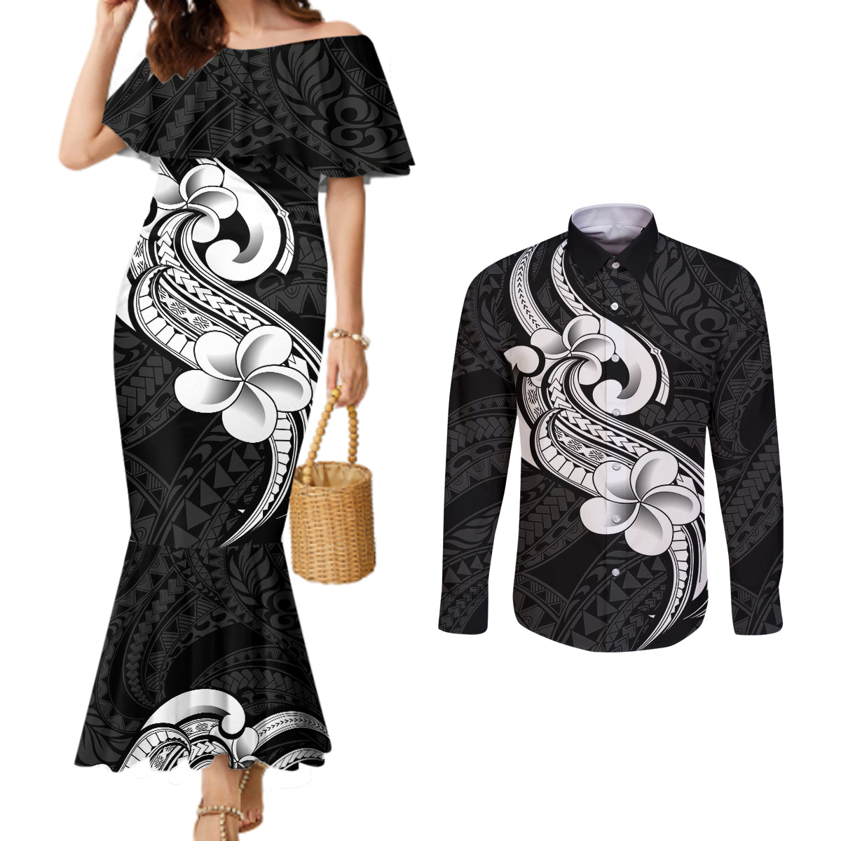 Polynesia Couples Matching Mermaid Dress and Long Sleeve Button Shirts Plumeria With Tribal Pattern Black Vibes LT14 Black - Polynesian Pride