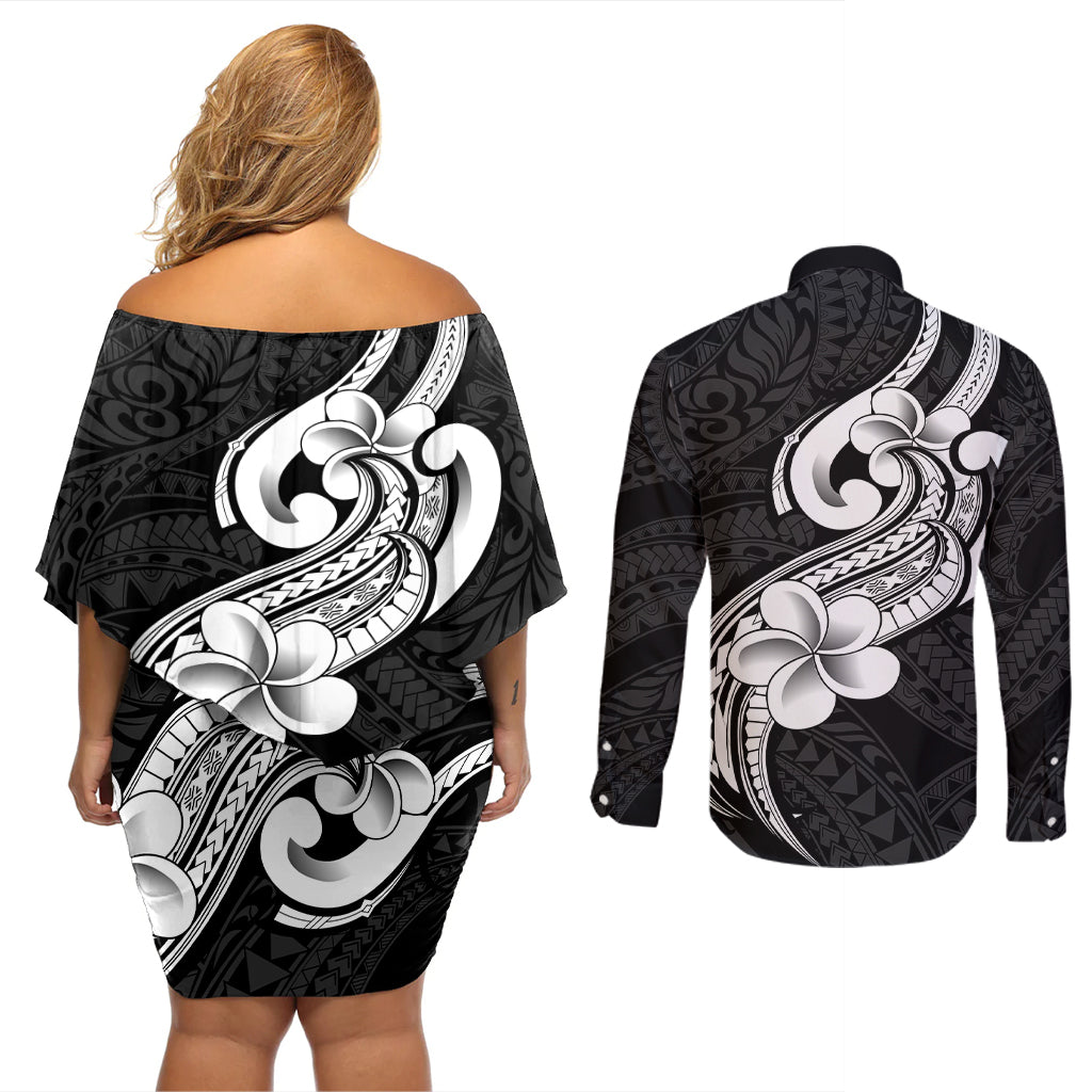Polynesia Couples Matching Off Shoulder Short Dress and Long Sleeve Button Shirts Plumeria With Tribal Pattern Black Vibes LT14 - Polynesian Pride