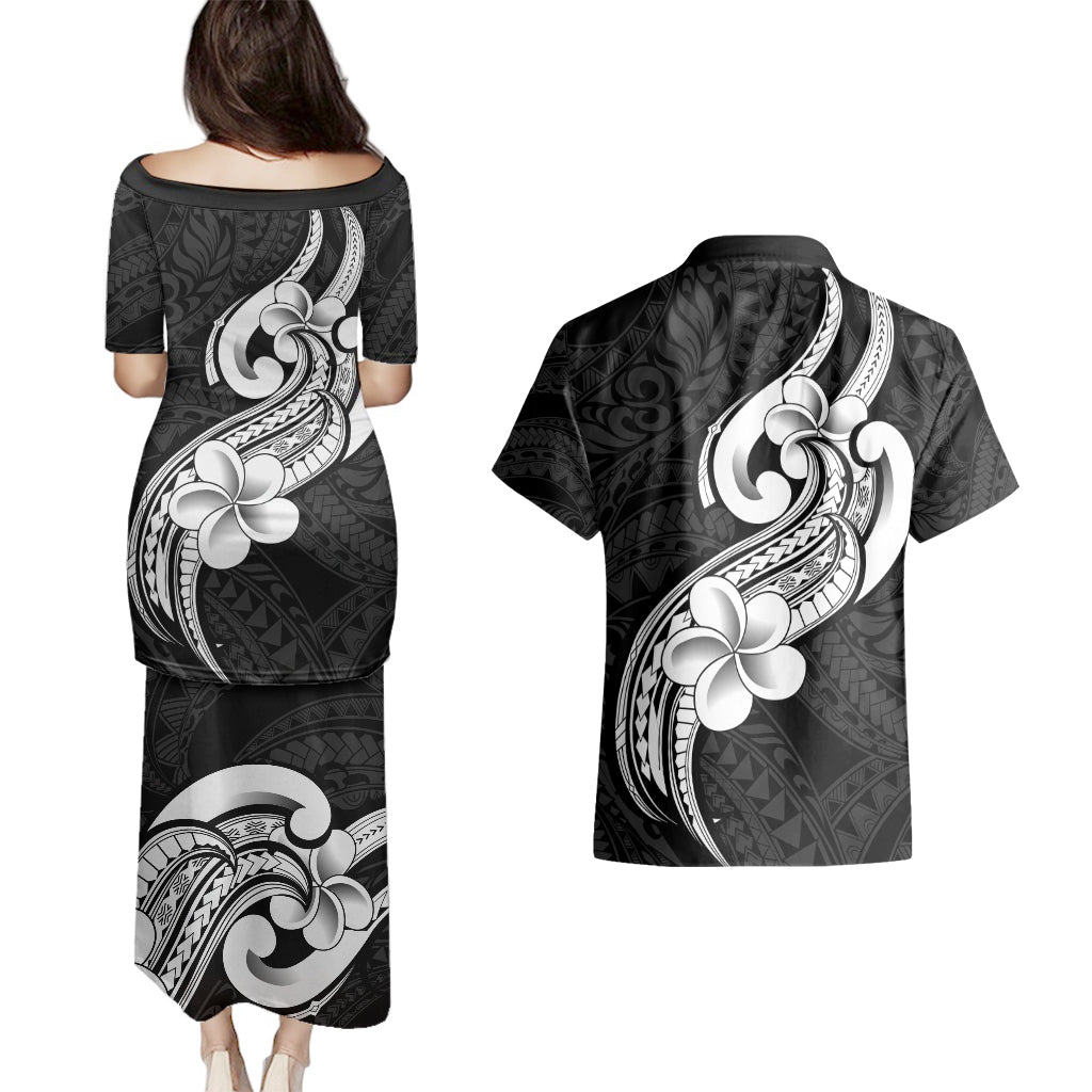 Polynesia Couples Matching Puletasi Dress and Hawaiian Shirt Plumeria With Tribal Pattern Black Vibes LT14 - Polynesian Pride
