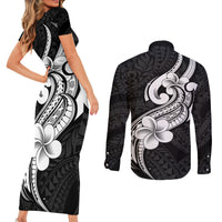 Polynesia Couples Matching Short Sleeve Bodycon Dress and Long Sleeve Button Shirts Plumeria With Tribal Pattern Black Vibes LT14 - Polynesian Pride