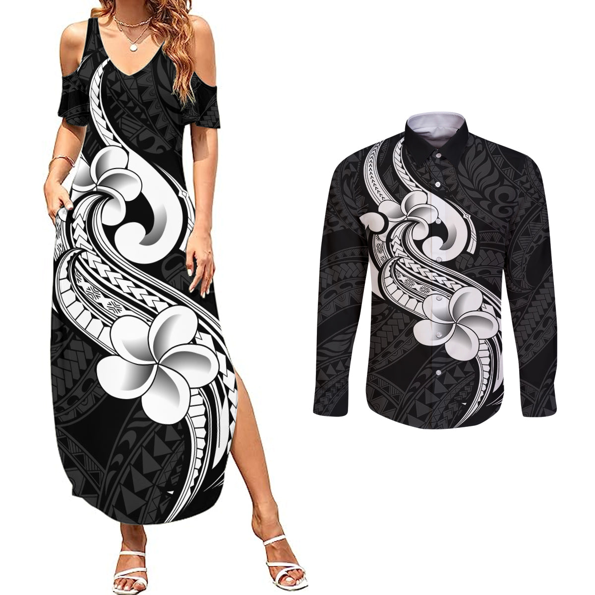 Polynesia Couples Matching Summer Maxi Dress and Long Sleeve Button Shirts Plumeria With Tribal Pattern Black Vibes LT14 Black - Polynesian Pride