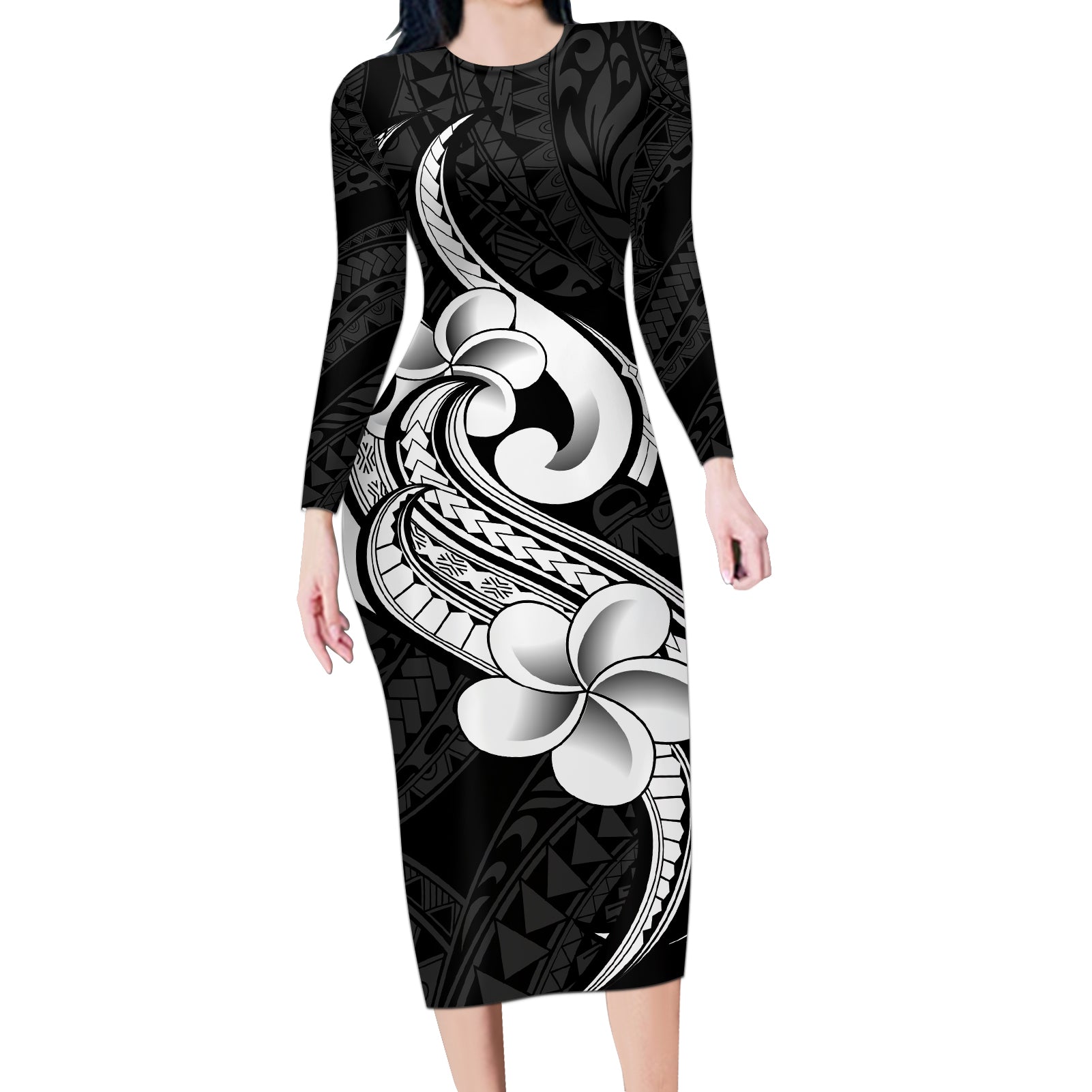 Polynesia Long Sleeve Bodycon Dress Plumeria With Tribal Pattern Black Vibes LT14 Long Dress Black - Polynesian Pride