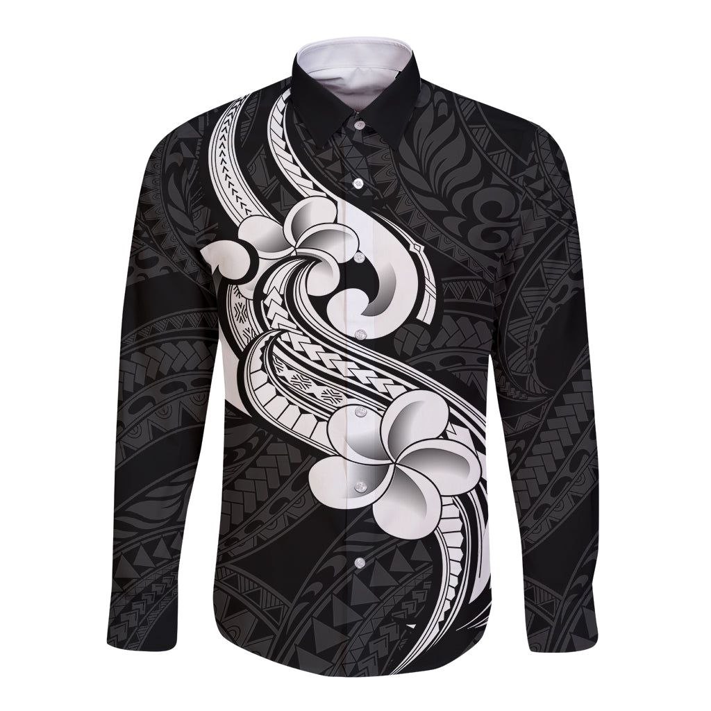 Polynesia Long Sleeve Button Shirt Plumeria With Tribal Pattern Black Vibes LT14 Unisex Black - Polynesian Pride