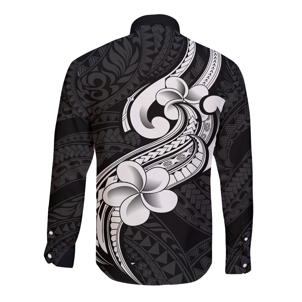Polynesia Long Sleeve Button Shirt Plumeria With Tribal Pattern Black Vibes LT14 - Polynesian Pride