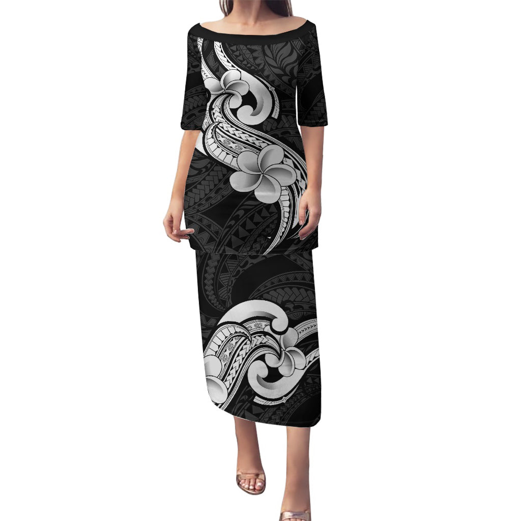 Polynesia Puletasi Plumeria With Tribal Pattern Black Vibes LT14 Long Dress Black - Polynesian Pride