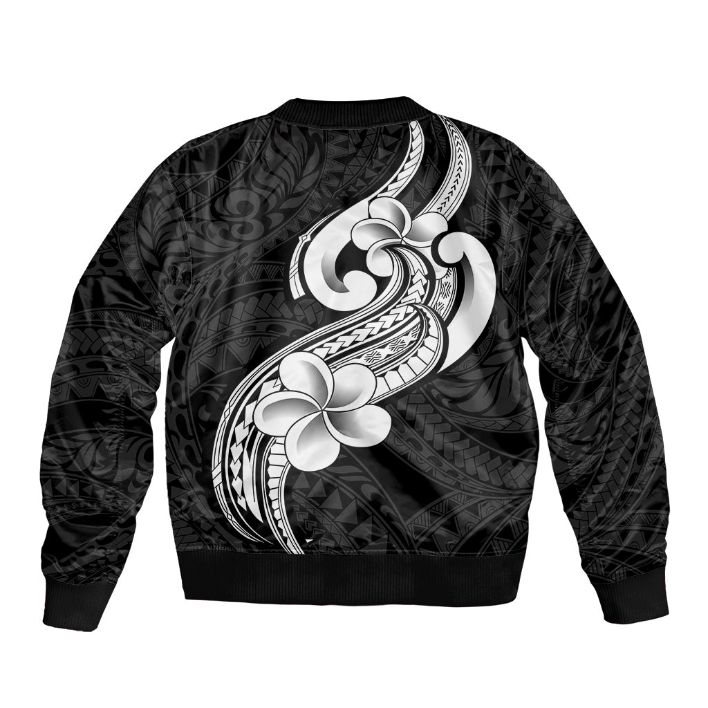 Polynesia Sleeve Zip Bomber Jacket Plumeria With Tribal Pattern Black Vibes LT14 - Polynesian Pride