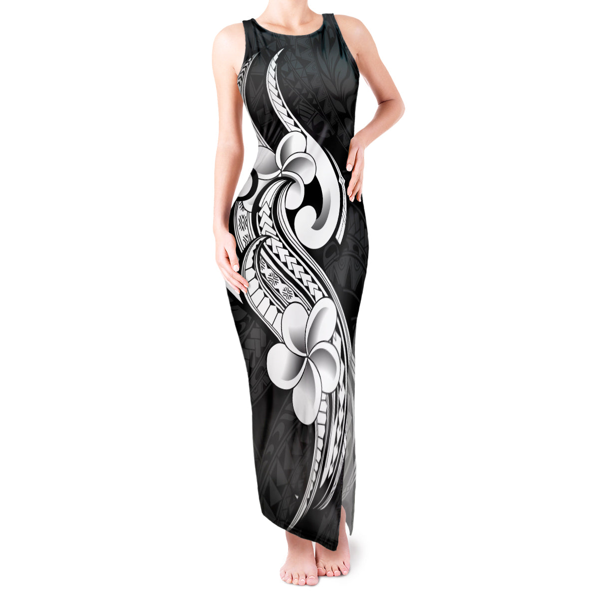 Polynesia Tank Maxi Dress Plumeria With Tribal Pattern Black Vibes LT14 Women Black - Polynesian Pride