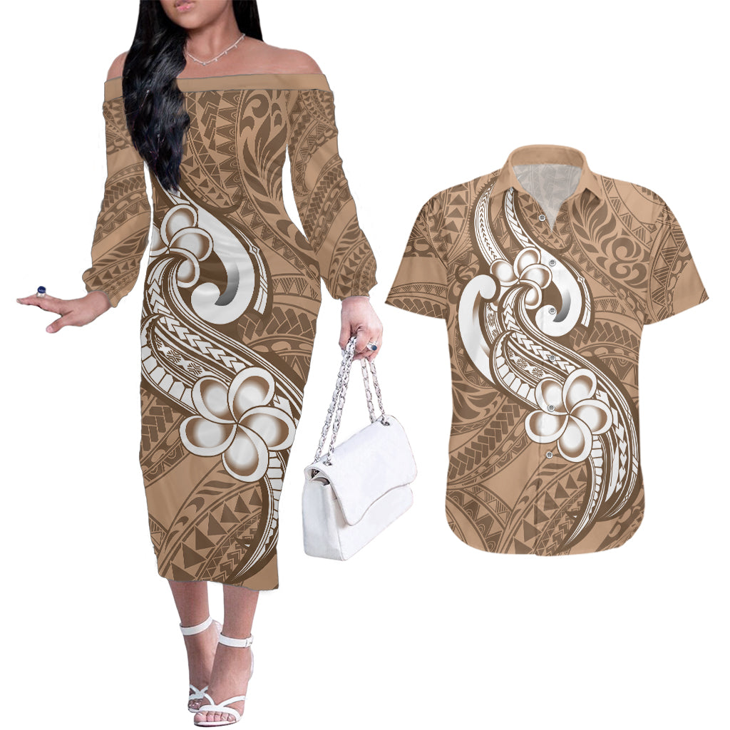 Polynesia Couples Matching Off The Shoulder Long Sleeve Dress and Hawaiian Shirt Plumeria With Tribal Pattern Brown Pastel Vibes LT14 Brown - Polynesian Pride