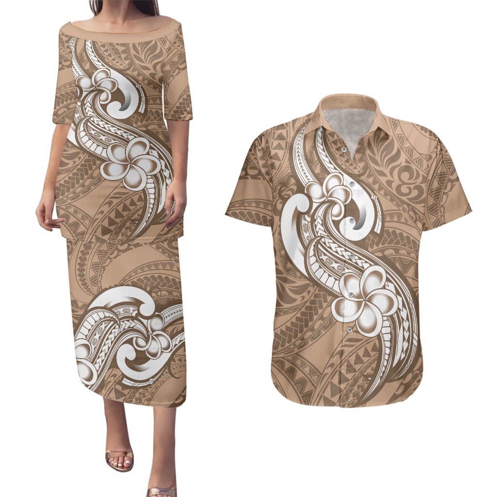 Polynesia Couples Matching Puletasi Dress and Hawaiian Shirt Plumeria With Tribal Pattern Brown Pastel Vibes LT14 Brown - Polynesian Pride